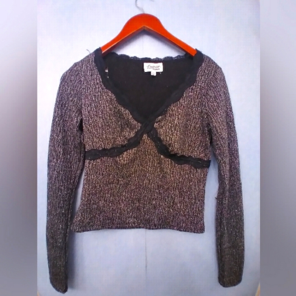Limited Edition Knit Top Metallic‎ Sparkle Lace Trim Long Sleeve S